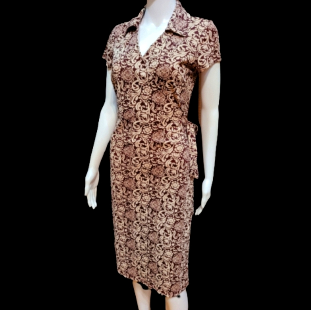Ann Taylor burgundy and cream wrap dress